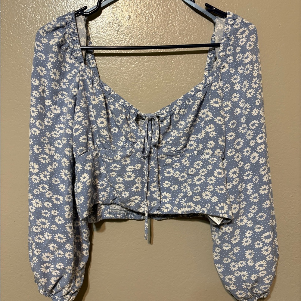 Wild Fable Blue Floral Daisy Tie-Front Crop Top Size L